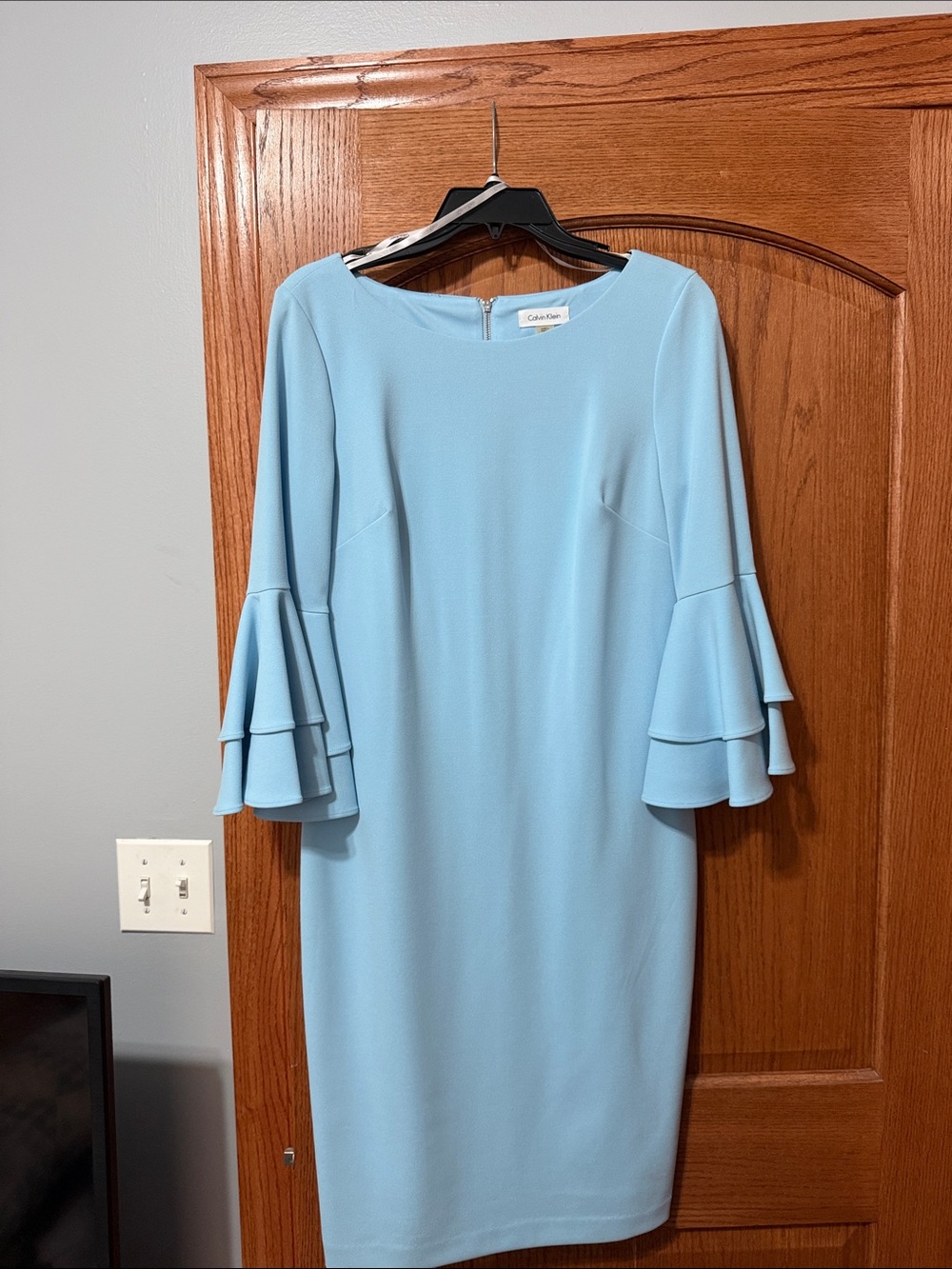 Calvin Klein Sky Blue Midi Sheath Dress with Ruffle Sleeves